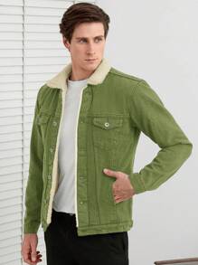 SHEIN Cottnline Men's Simple Style Sherpa Lined Denim Jacket With Buttons - Green - View 3