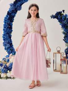 SHEIN Tween Girls 金色编织丝带和网眼撞色华丽连衣裙 - 粉色 - 查看 3