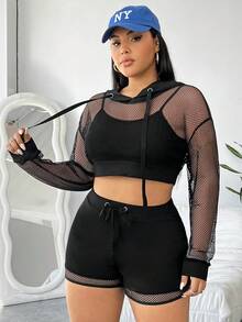 SHEIN Coolane 大尺碼女款短版網眼上衣配短褲及吊帶背心套裝 - 黑色 - 查看 3