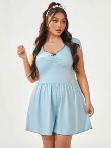 SHEIN Qutie Kích thước lớn Ren Mùa Xuân Quần áo Romper - Màu xanh nhạt - Xem 4