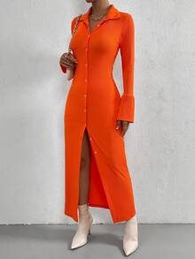 SHEIN Essnce Vestido De Punto Acanalado De Color Sólido - Naranja - Ver 5