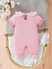 Baby Girl Pink Lace Romper With Peter Pan Collar And Bowknot For Spring/Summer - Pink - View 2