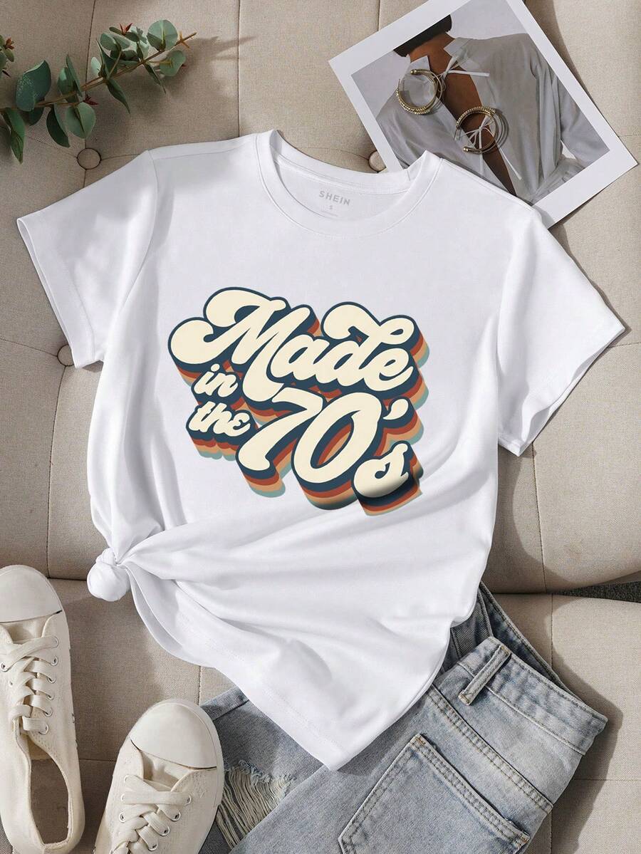 SHEIN EZwear Của phụ nữ Lá thư In Ngắn tay Áo thun - trắng - Xem 1