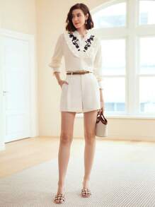 MOTF PREMIUM WOMEN'S WOVEN FLORAL EMBROIDERY RUFFLE TRIM LANTERN SLEEVE BLOUSE - Beige - View 8