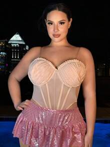 SHEIN SXY Plus Size Mesh Spliced Pleated Bra Cup Fitted Top