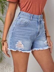 SHEIN LUNE Women'S Distressed Denim Shorts - Blue - View 4