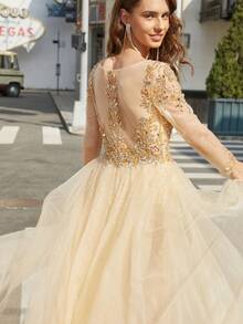 Sequin Embroidery Long Sleeve Mesh Party Dress