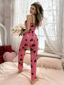 Heart & Letter Print Cami Top And Long Pants Pajama Set - Pink - View 2
