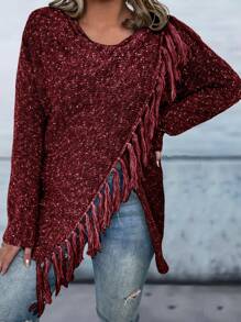 SHEIN LUNE Plus Tassel Wrap Front Cardigan Fall Cloth For Women - Burgundy - View 5