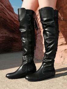 Women's Black FashionablePU Over-The-Knee Boots Flat Heel Slip-On Soft Leather Casual And Elegant Boots Ankle Boots