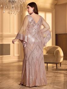 Váy dự tiệc Maxi sequin lưới tương phản dài tay cỡ lớn cho nữ, Váy cô dâu, Trang phục sinh nhật cho phụ nữ, Váy tốt nghiệp, Váy trang trọng - Hồng - Xem 2