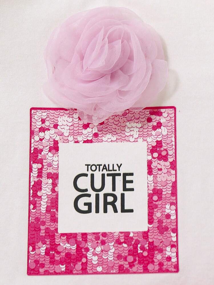 Casual Baby Girls' Faux Pearl Pattern 3D Flower Short Sleeve Top With Elastic Waistband Skirt Set