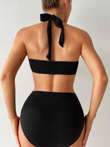 SHEIN Swim Bộ bikini hở cổ xoắn phía trước màu trơn mùa hè cho nữ Lễ hội âm nhạc - màu đen - Xem 2