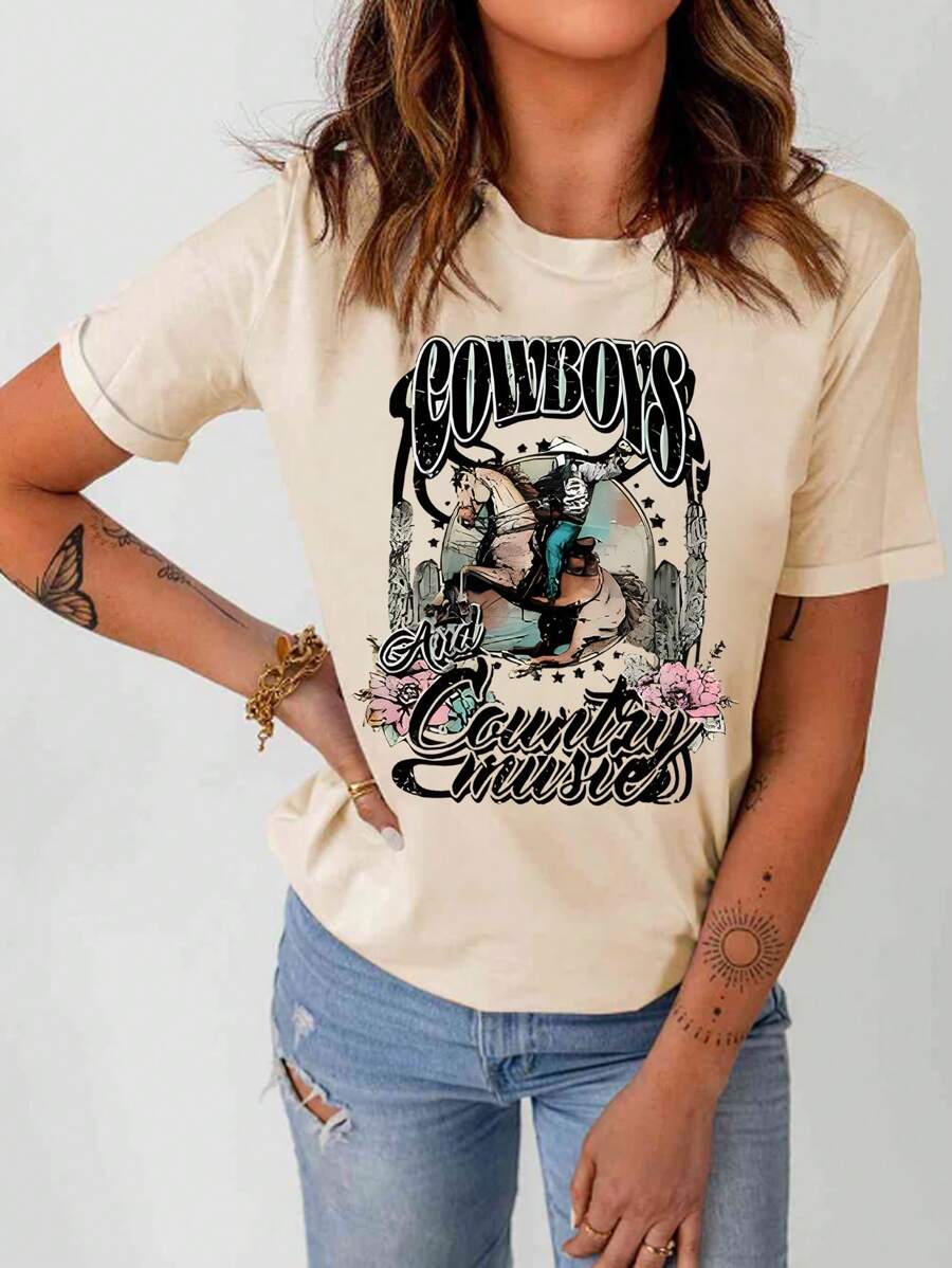 SHEIN LUNE 字母和西部牛仔印花短袖t恤 - 杏色 - 查看 1