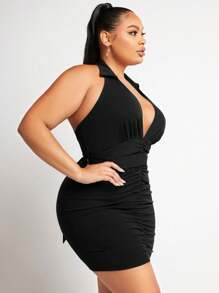 SHEIN SXY 大尺碼女式無袖針織褶皺領口雙肩帶禮服裙