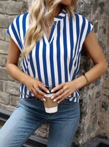EMERY ROSE Notched Collar Stripe Blouse - Blue and White - View 4