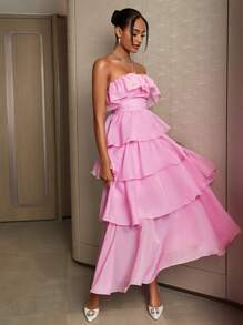 SHEIN Belle Của phụ nữ Ruffle Tối Váy ống Đối với Tiệc cốc tai - Hồng - Xem 4