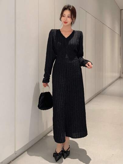 Ladies' Solid Color Jacquard Side Slit Dress,Fall Dress Long Sleeve Dress