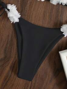 3d花卉裝飾和側邊打結設計的比基尼套裝 - 黑與白 - 查看 2