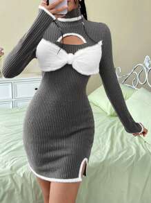 SHEIN EZwear Women'S Color Block High Neck Hollow Out Bow Decoration Dress With Furry Edge