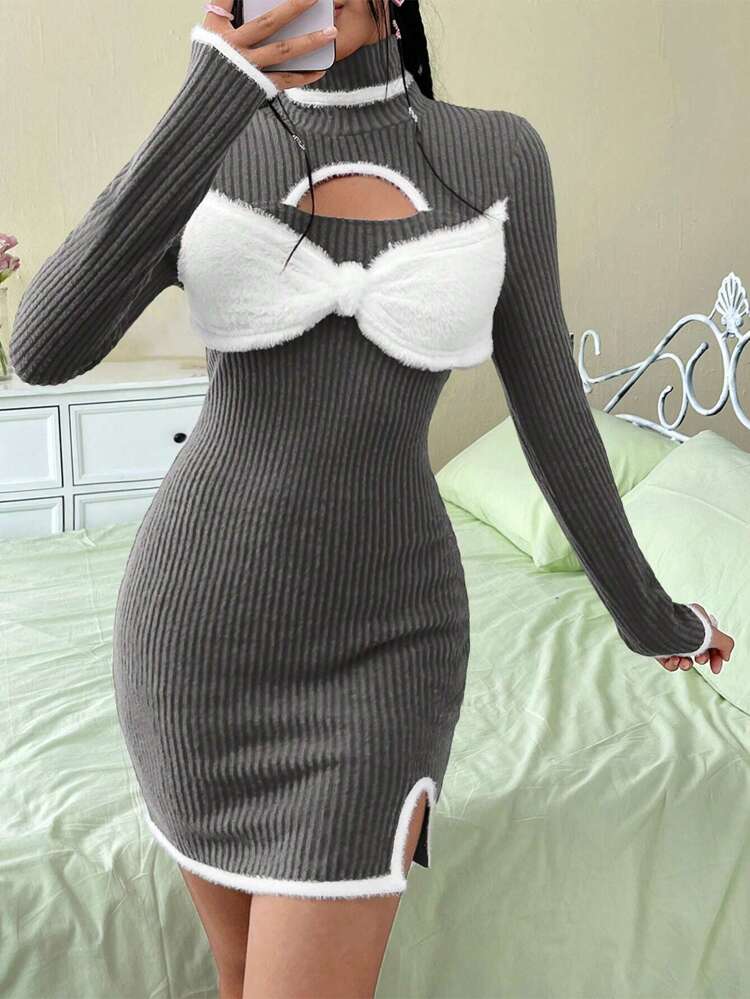Women'S Color Block High Neck Hollow Out Bow Decoration Dress With Furry Edge