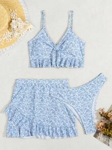 Swim Mod 夏季沙灘女士全印花隨機圖案荷葉邊三件式比基尼套裝