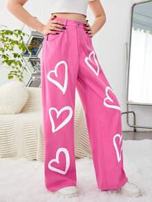 SHEIN 少女丁麻布心形圖案休閒長褲,帶有斜口袋 - 玫紅色 - 查看 3