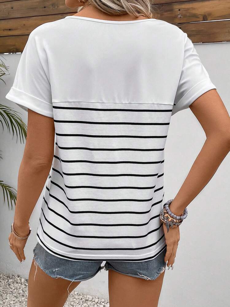 Women's Striped Heart For Valentine Drop Shoulder Short Sleeve T-Shirt With Letter Embroidery Summer Thanks Giving Casual
