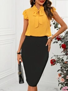 SHEIN Clasi 女士領結,蕾絲袖子上衣和裙子套裝