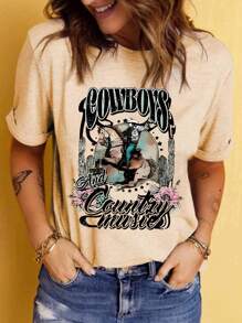 SHEIN LUNE 字母和西部牛仔印花短袖t恤 - 杏色 - 查看 3