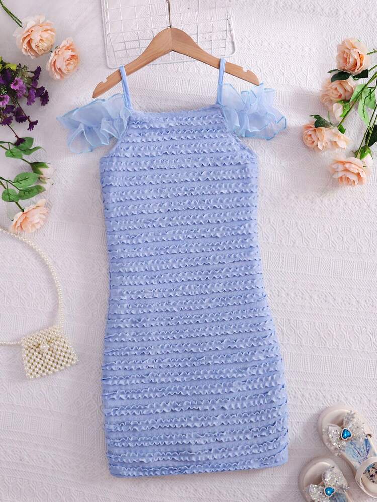 Tween Girls' Casual Blue Off-The-Shoulder Dress For Summer