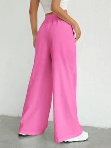 SHEIN EZwear 纯色抽绳腰部编织长裤 - 玫紅色 - 查看 2