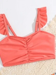 Conjunto de bikini de tres piezas para niña, para verano y playa - Rosa coral - Ver 4