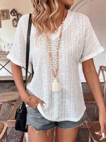 Breezaya 女士空心刺繡分裂t恤 - 白色 - 查看 4