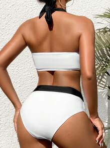 SHEIN Swim 夏季女士拼色露背比基尼套装嘉年华 - 黑與白 - 查看 2