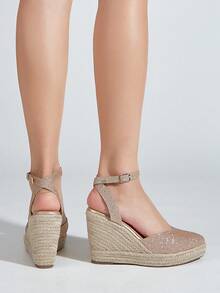 Women's Rose Gold Metallic Glitter Surface Woven Jute Bottom Hollow Out Wedge & Platform Sandals - Rose Gold - View 5