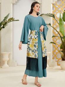 Al Najma Embroidery Patchwork Fringe Decor Flare Sleeve Dress - Green - View 7