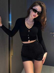 DAZY Women's V-Neck Button Front T-Shirt,Fall Clothes Long Sleeve Women Tops - Black - View 3