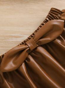 SHEIN Tween 女童純色 Pu 皮革喇叭裙 - 棕色 - 查看 6
