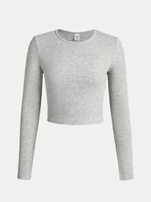 SHEIN 實色肋紋圓領長袖t卹適用於少女 - 灰色 - 查看 1