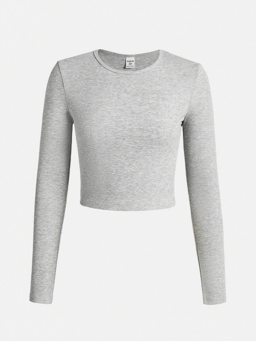 SHEIN 實色肋紋圓領長袖t卹適用於少女 - 灰色 - 查看 1
