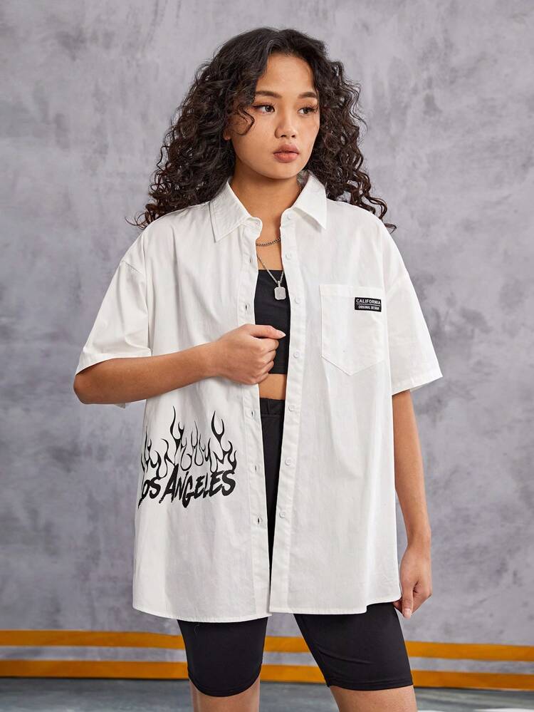 Teen Girls' Woven Patch Pocket Flame Pattern Short Sleeve Shirt With Woven Brand Label