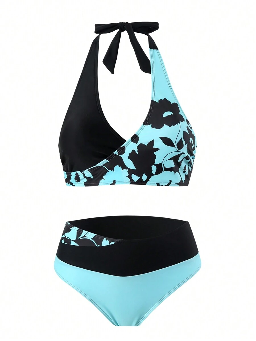 SHEIN Swim Bộ bikini chắp vá in hoa đi biển mùa hè dành cho nữ - Nhiều màu - Xem 1