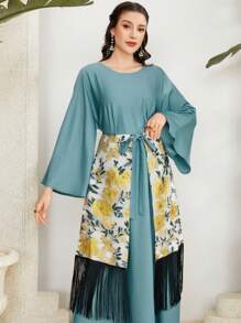 Al Najma Embroidery Patchwork Fringe Decor Flare Sleeve Dress - Green - View 4