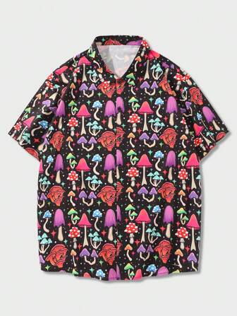 ThisUniqueVibe Camicia da spiaggia a maniche corte con stampa di funghi, adatta per la scuola, uomo