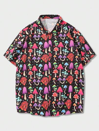 ThisUniqueVibe Herren Pilz Muster Kurzarm Strandhemd, Schule