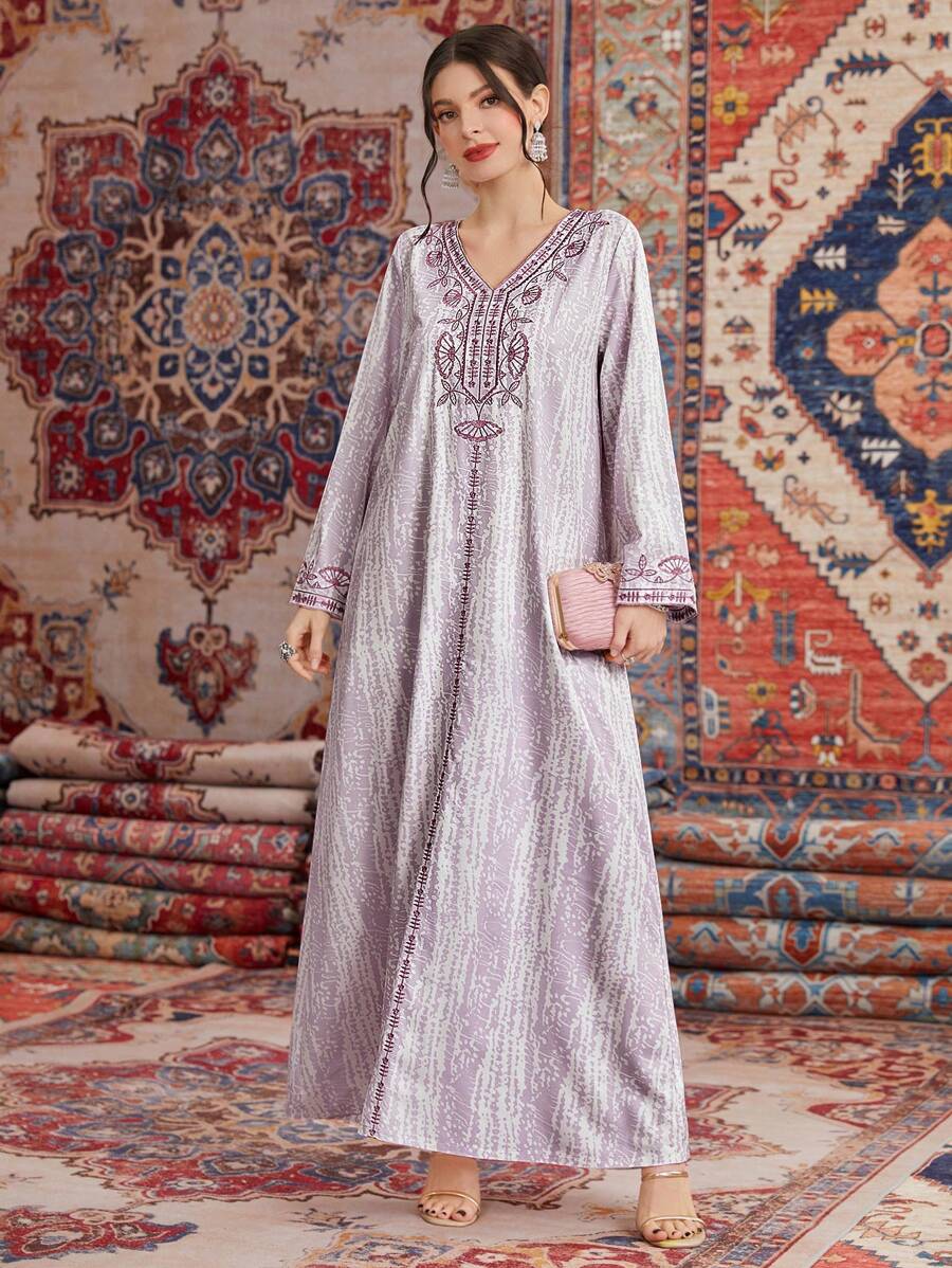 Al Najma 女士植物刺绣长袖阿拉伯连衣裙 - 彩色 - 查看 1