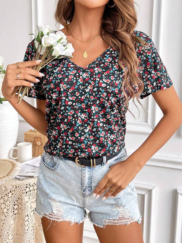 V-Neck Floral Print Spliced Lace Detail Tie Back Short Sleeves T-Shirt Summer Vacation Flower