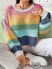 SHEIN MOOSTA Plus Size Rainbow Striped Long Sleeve Pullover Sweater - Multicolor - View 5