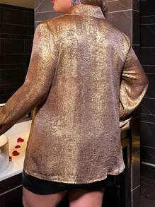 SHEIN LUNE 女士加大碼金屬扣領口鈕扣襯衫 - 金色 - 查看 2